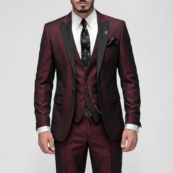 Men's three piece slim fit suit with contrast lapels and waistcoat