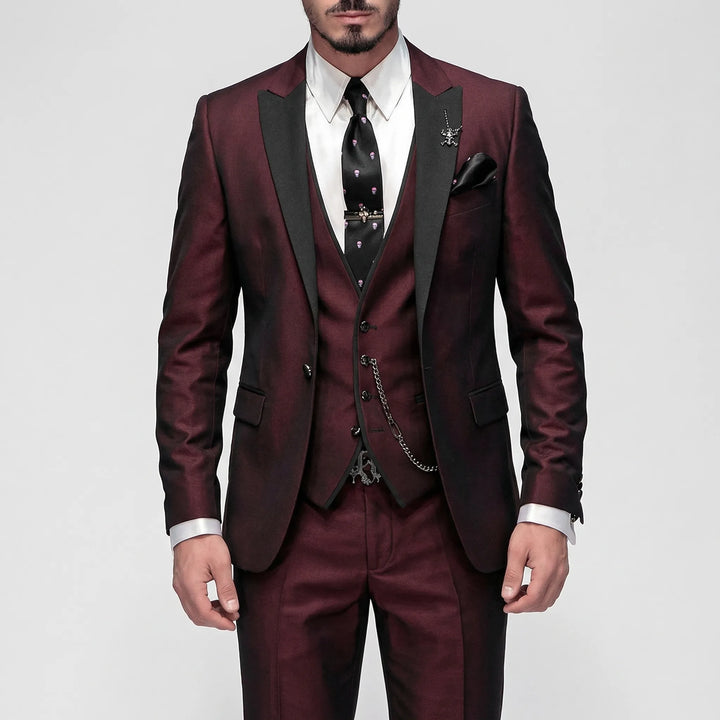Men's three piece slim fit suit with contrast lapels and waistcoat