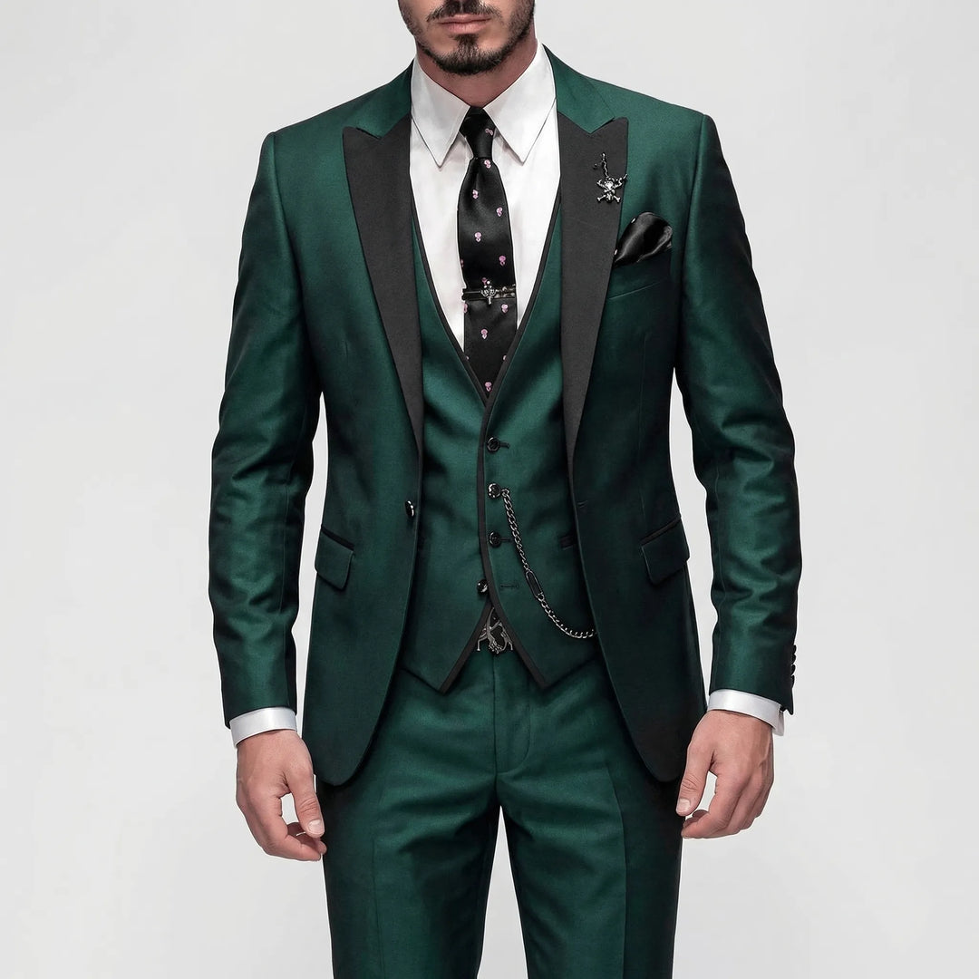 Men's three piece slim fit suit with contrast lapels and waistcoat