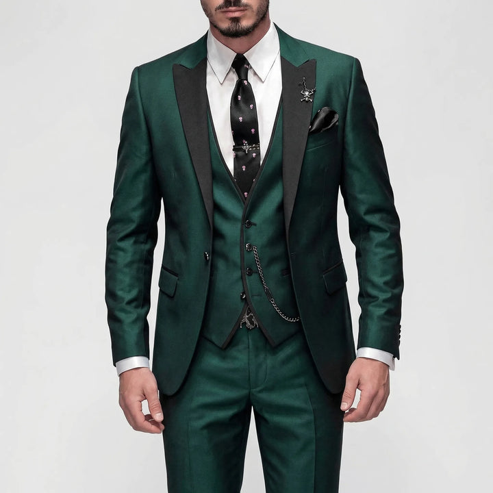 Men's three piece slim fit suit with contrast lapels and waistcoat
