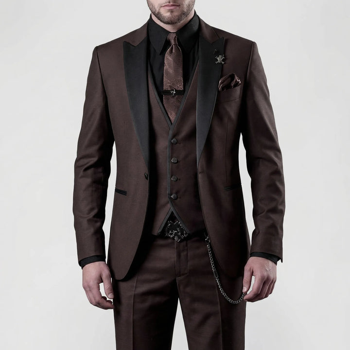 Men's three piece slim fit suit with contrast lapels and waistcoat