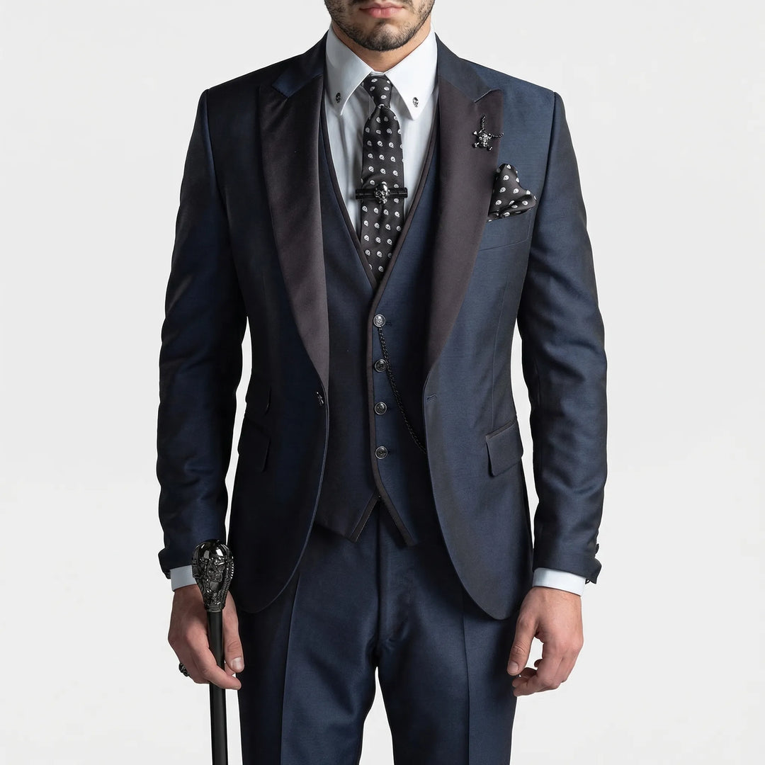 Men's three piece slim fit suit with contrast lapels and waistcoat