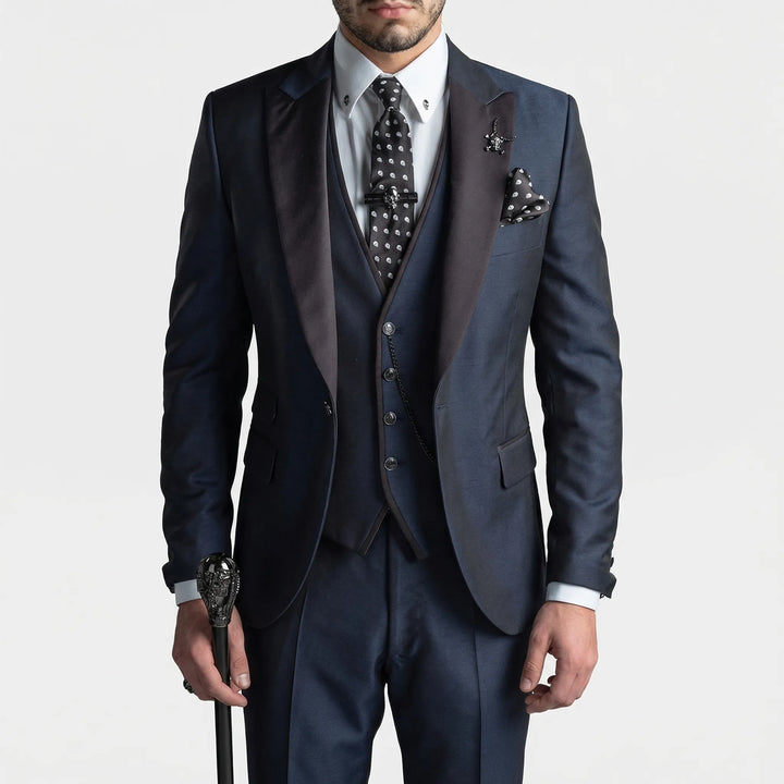 Men's three piece slim fit suit with contrast lapels and waistcoat