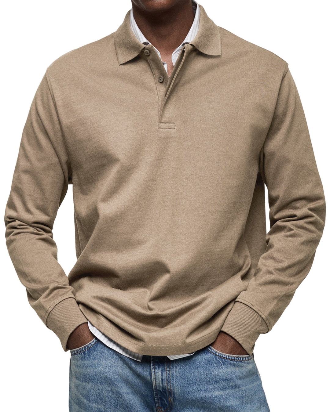 Men's long sleeve polo sweater with collared button placket and ribbed cuffs