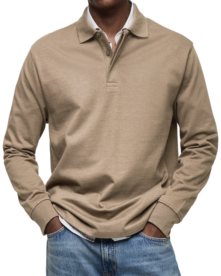 Men's long sleeve polo sweater with collared button placket and ribbed cuffs