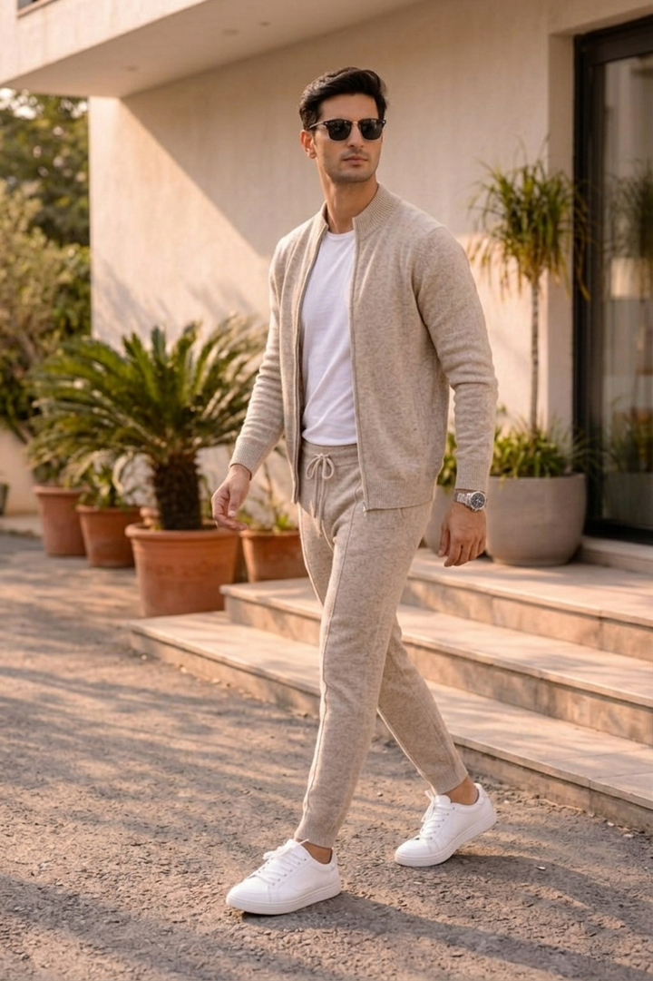 Men's beige knit cardigan and jogger set with zip front and drawstring trousers