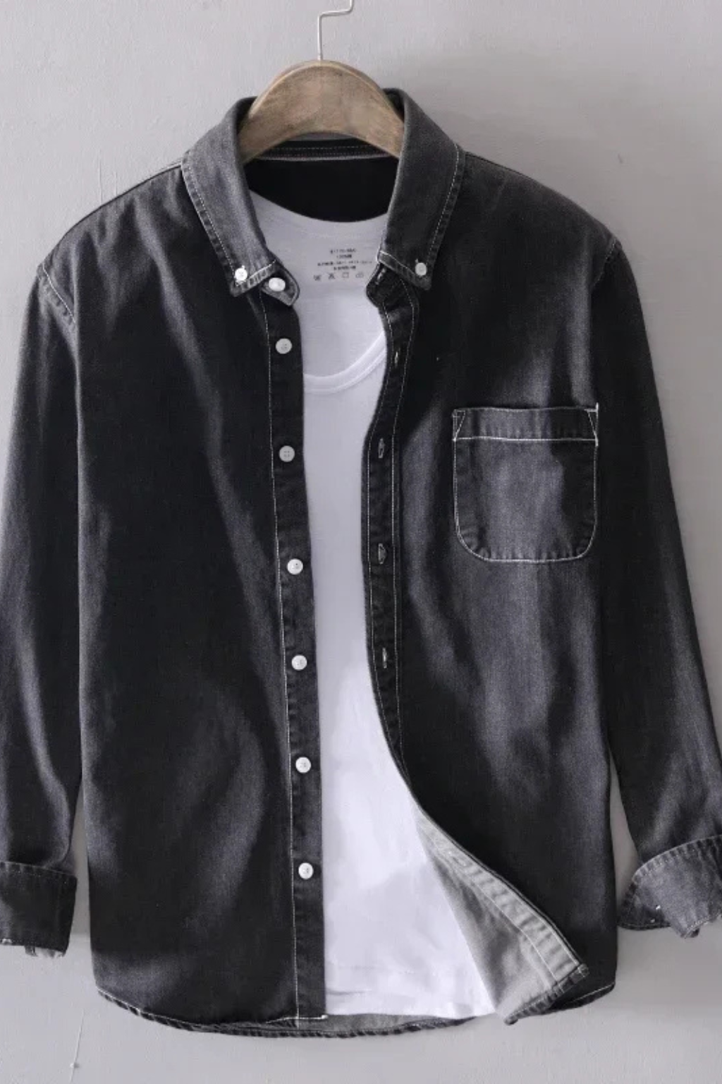 Men's button-down denim shirt with long sleeves and chest pocket