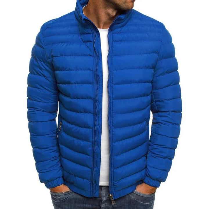 Men's quilted puffer jacket with high collar, long sleeves and zipped pockets