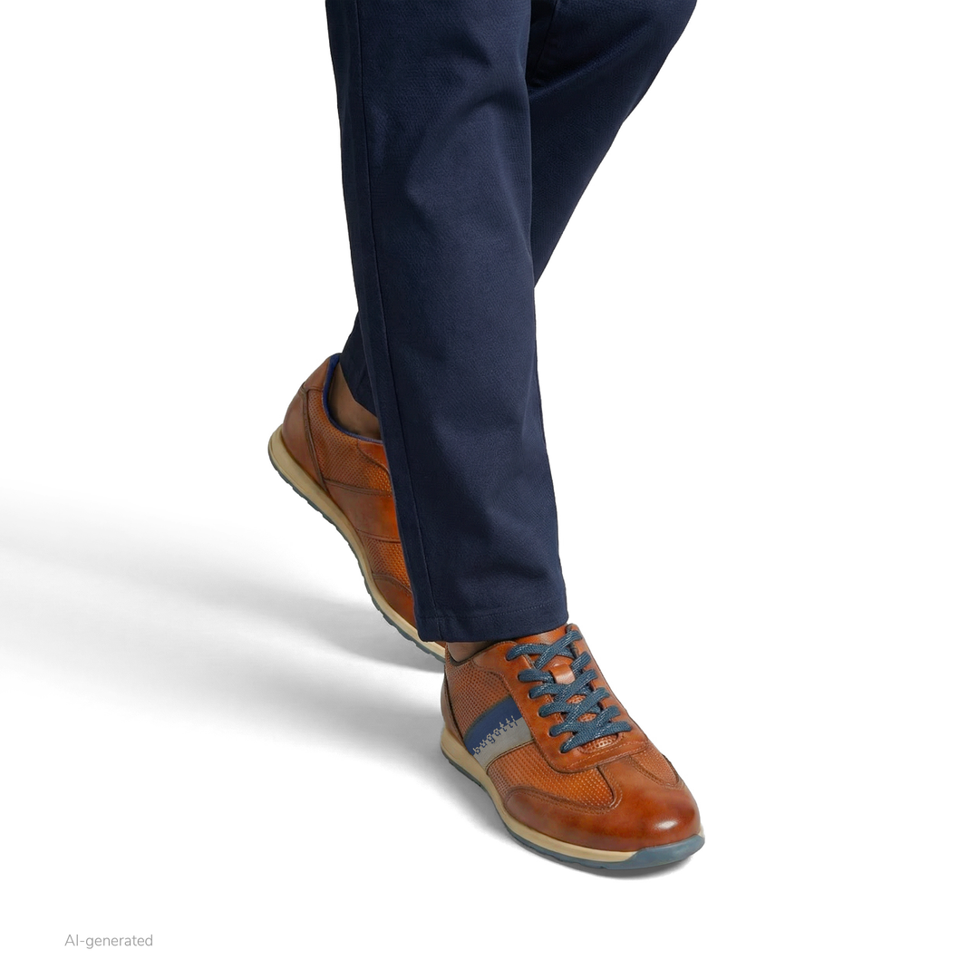 Cognac leather lace-up sneaker with textured panels and navy side stripe