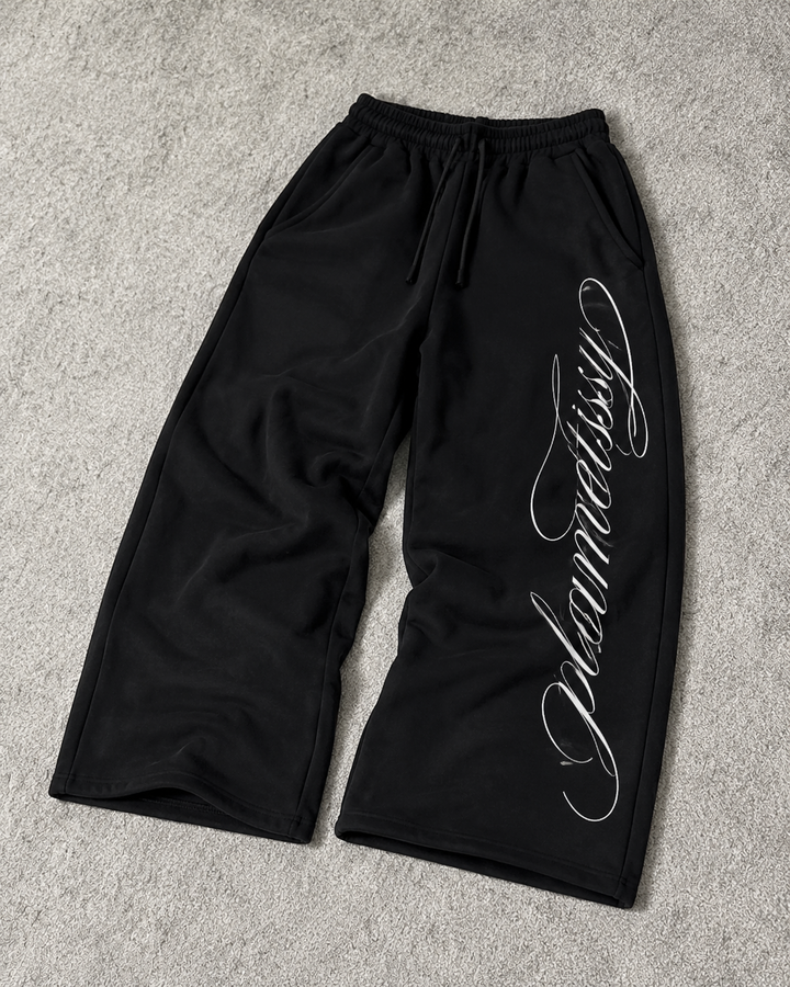 Unisex wide-leg jogger trousers with drawstring waist and script print