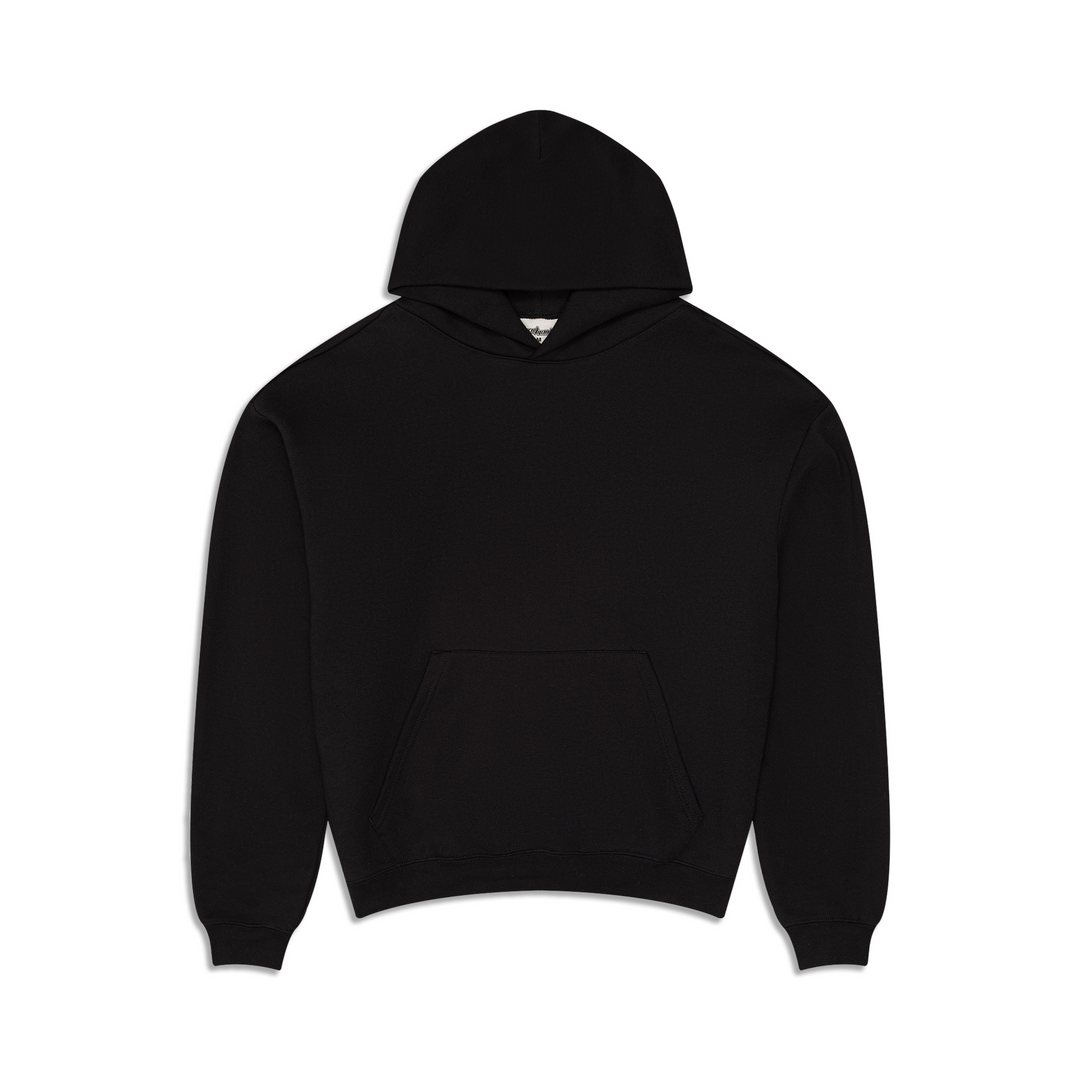 Men's black oversized pullover hoodie with hood and kangaroo pocket