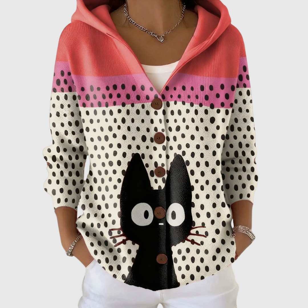 Women's hooded polka dot cardigan with cat graphic and button front