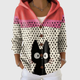 Women's hooded polka dot cardigan with cat graphic and button front