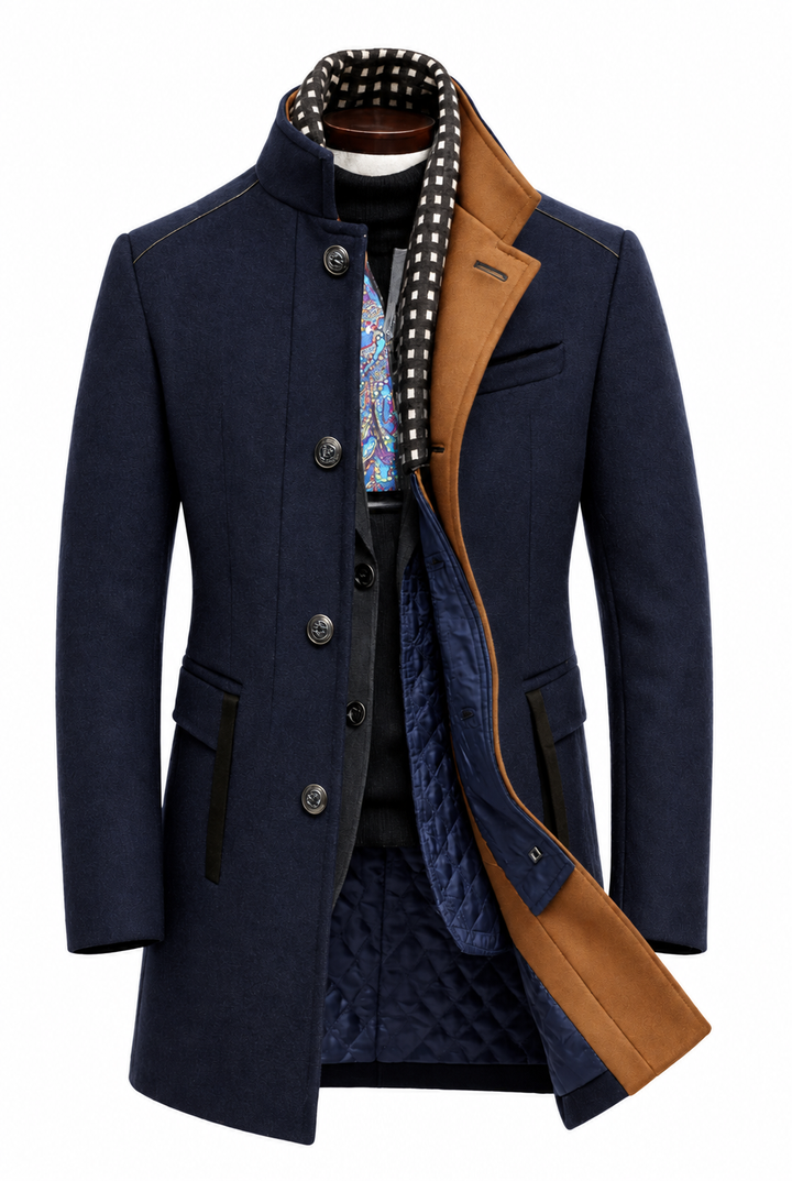 Men's textured button-front overcoat with Mandarin collar and contrast trim