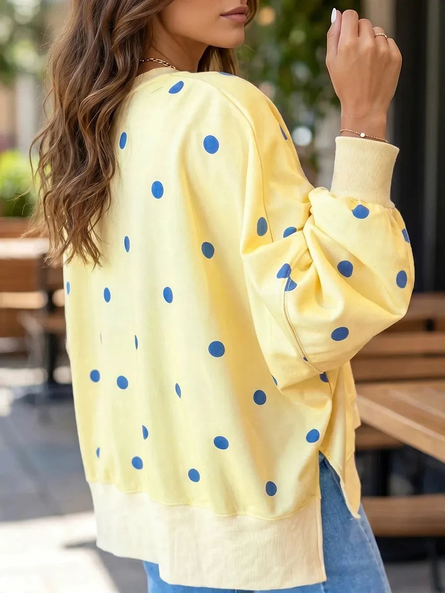 Women's polka dot crew neck sweatshirt with long sleeves and ribbed trims