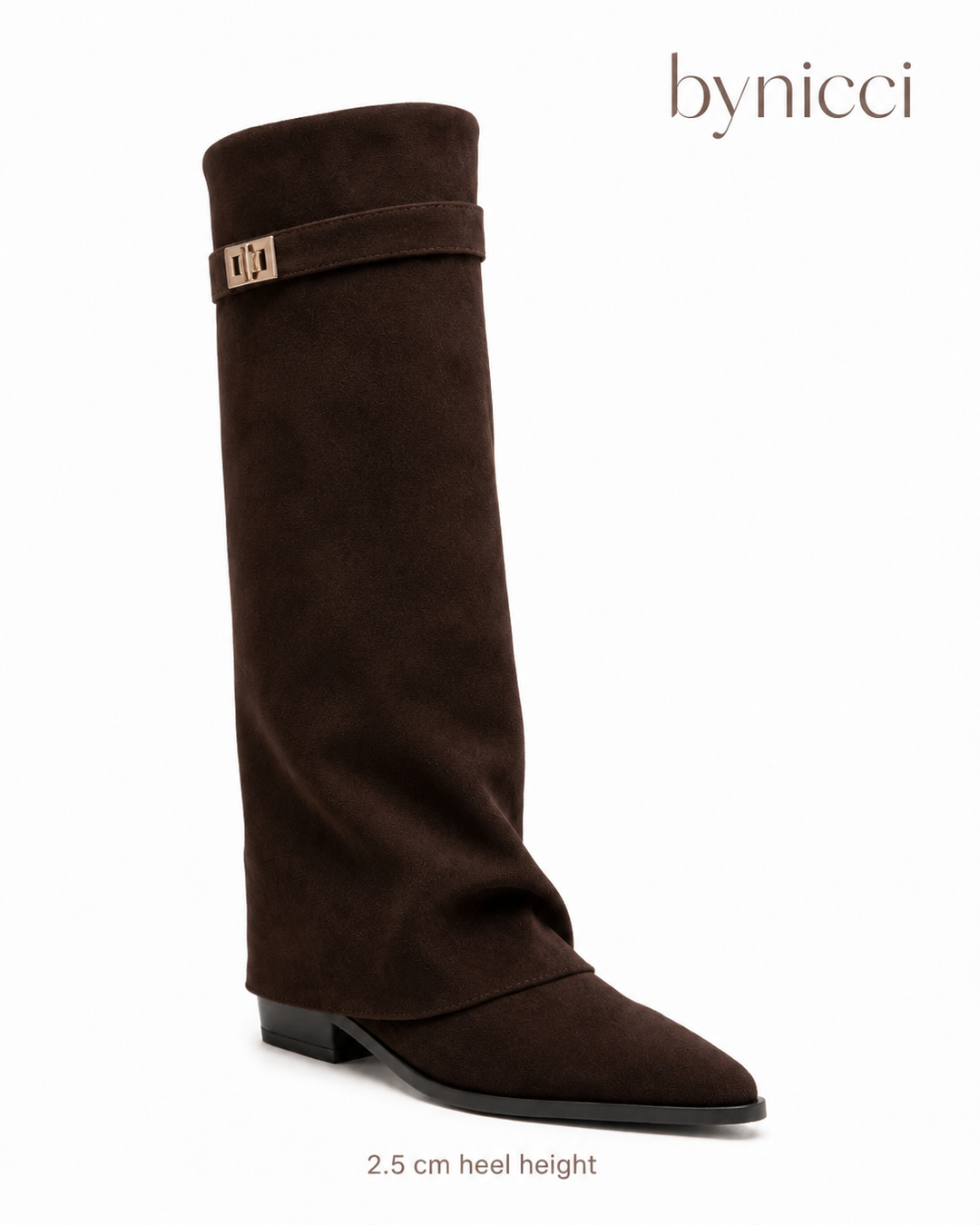 Women's brown knee-high boots with pointed toes, buckle straps and low block heels