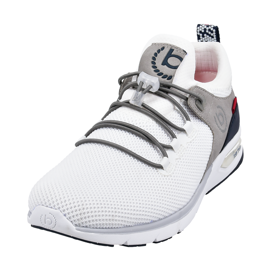 White knit sneakers with grey and navy panels