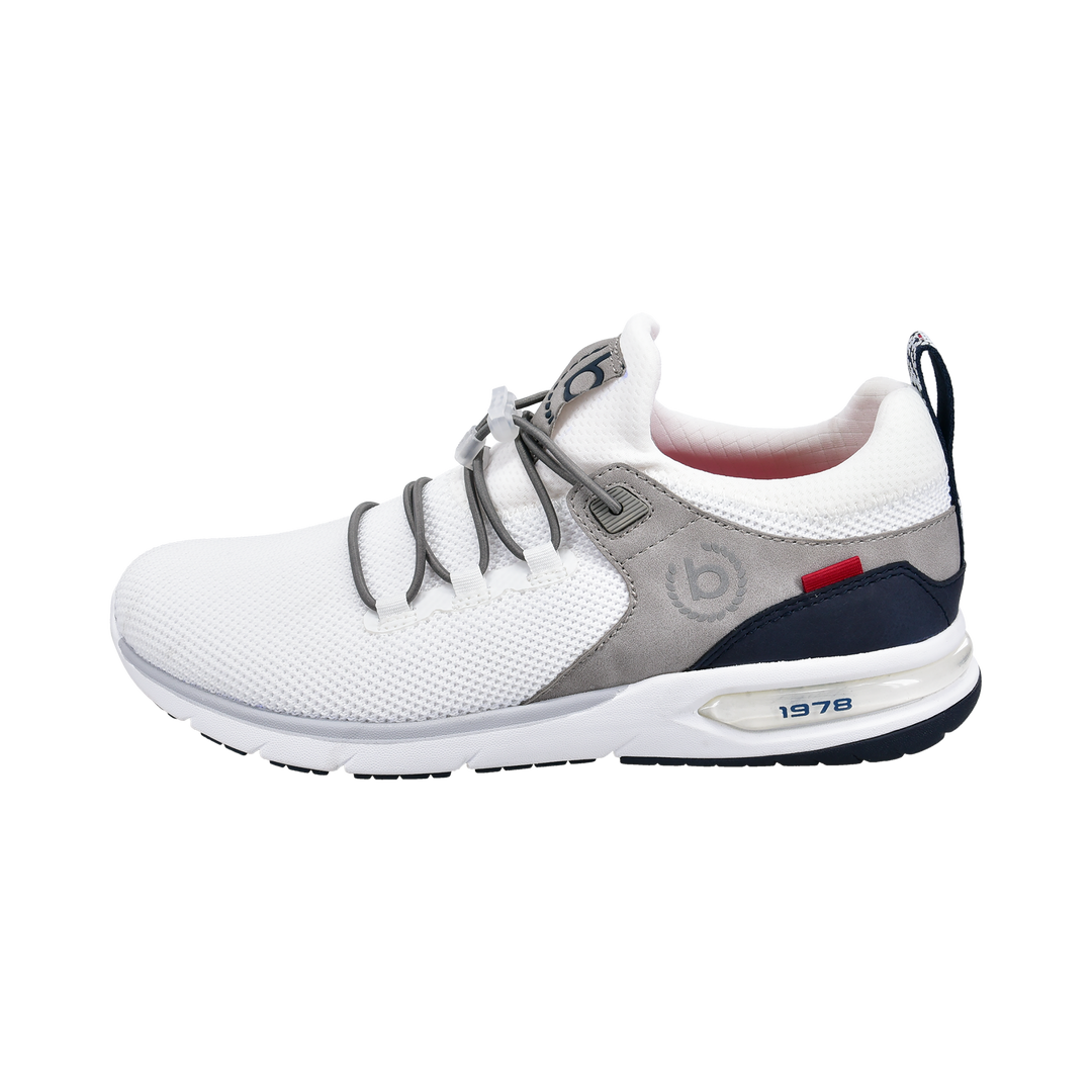 White knit sneakers with grey and navy panels