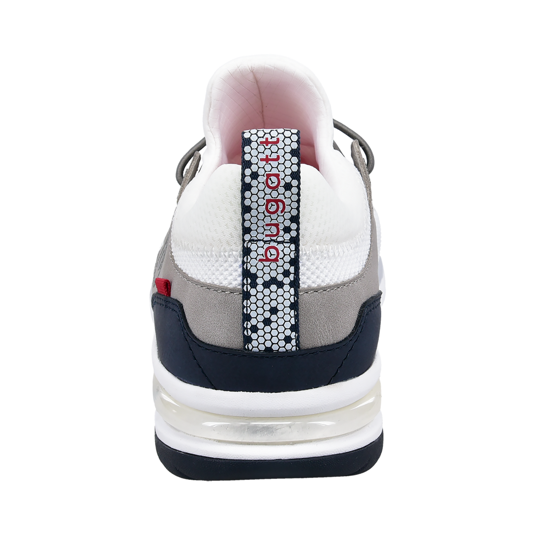 White knit sneakers with grey and navy panels