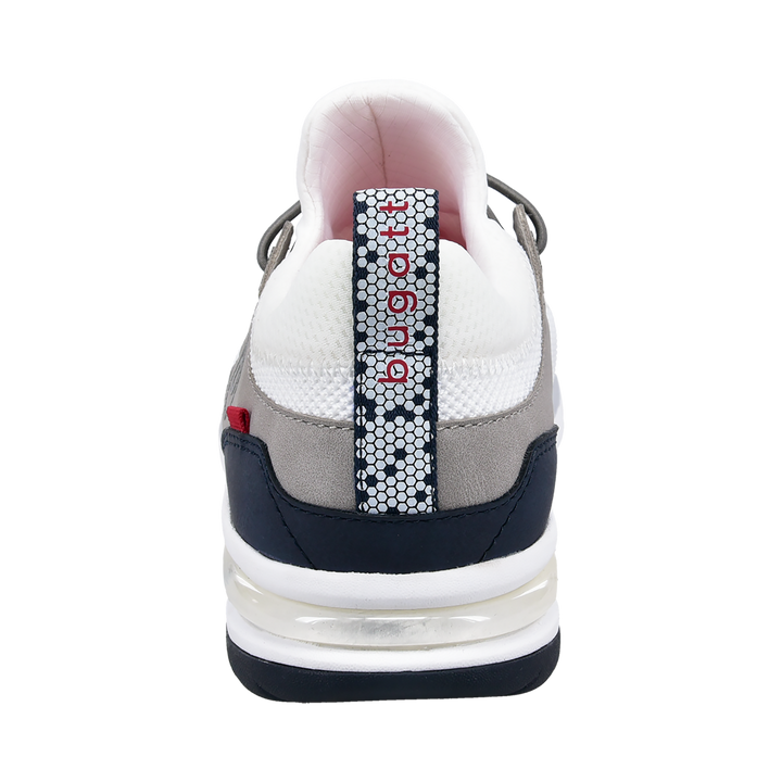 White knit sneakers with grey and navy panels