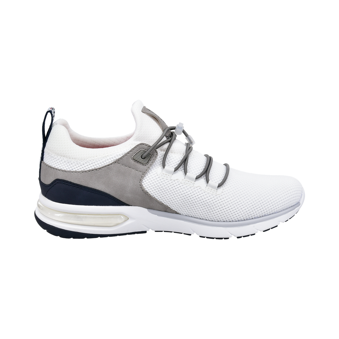 White knit sneakers with grey and navy panels