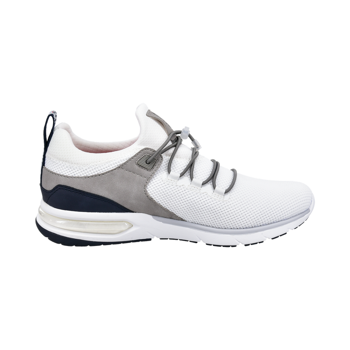 White knit sneakers with grey and navy panels