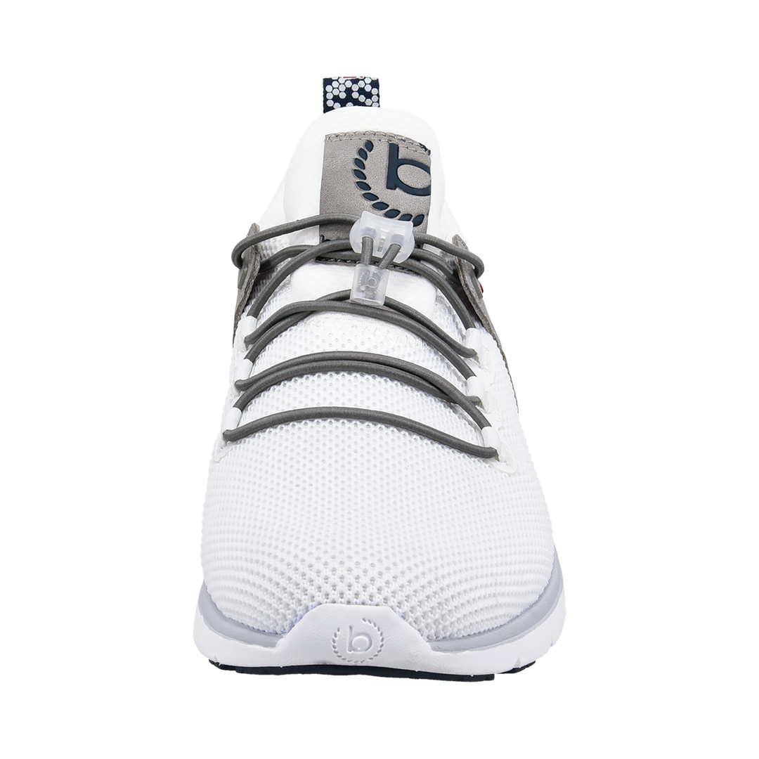 White knit sneakers with grey and navy panels