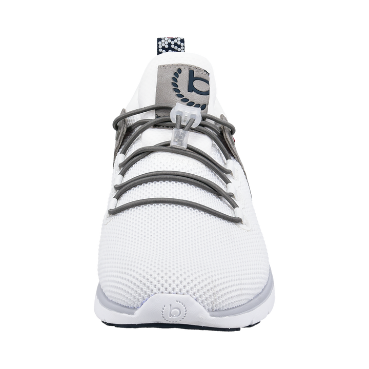 White knit sneakers with grey and navy panels