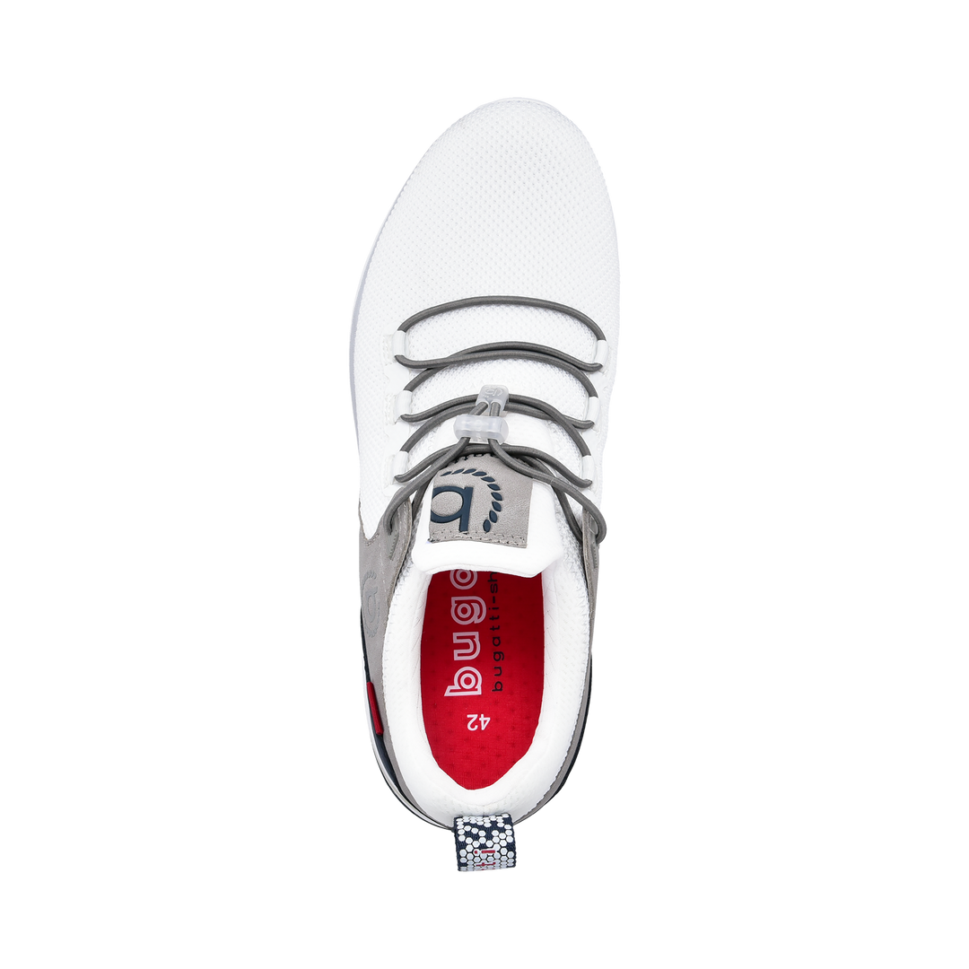 White knit sneakers with grey and navy panels