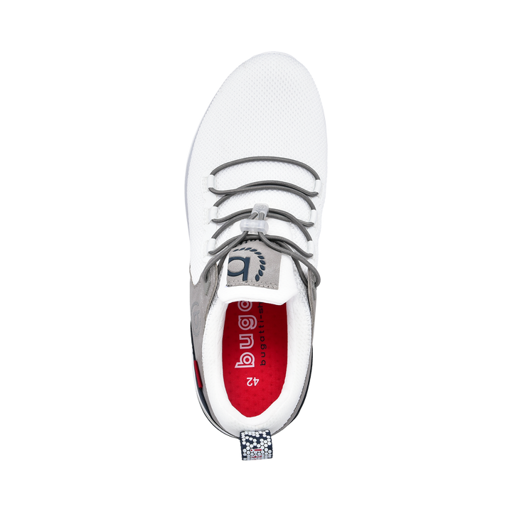White knit sneakers with grey and navy panels