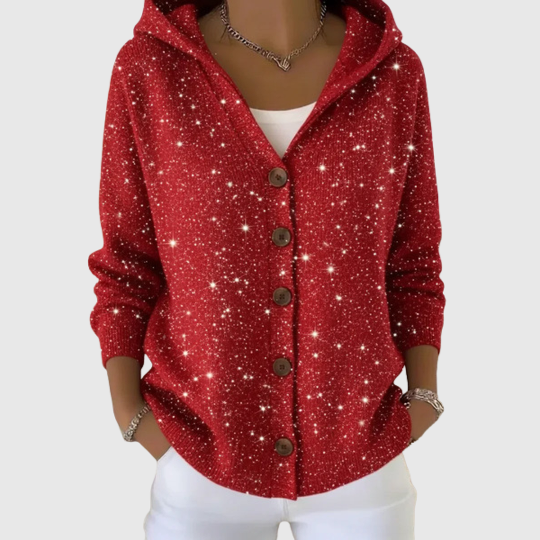 Women's red hooded knit cardigan with buttons, pockets and glittering finish