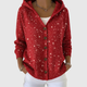 Women's red hooded knit cardigan with buttons, pockets and glittering finish