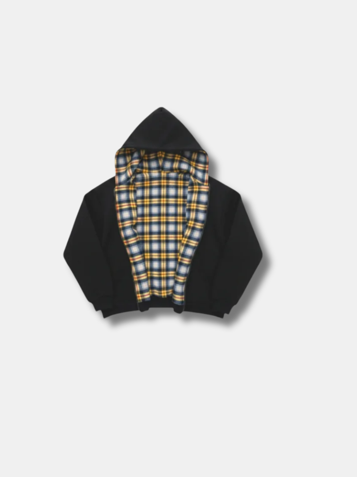 Checked hooded jacket with zip front and contrast plaid lining