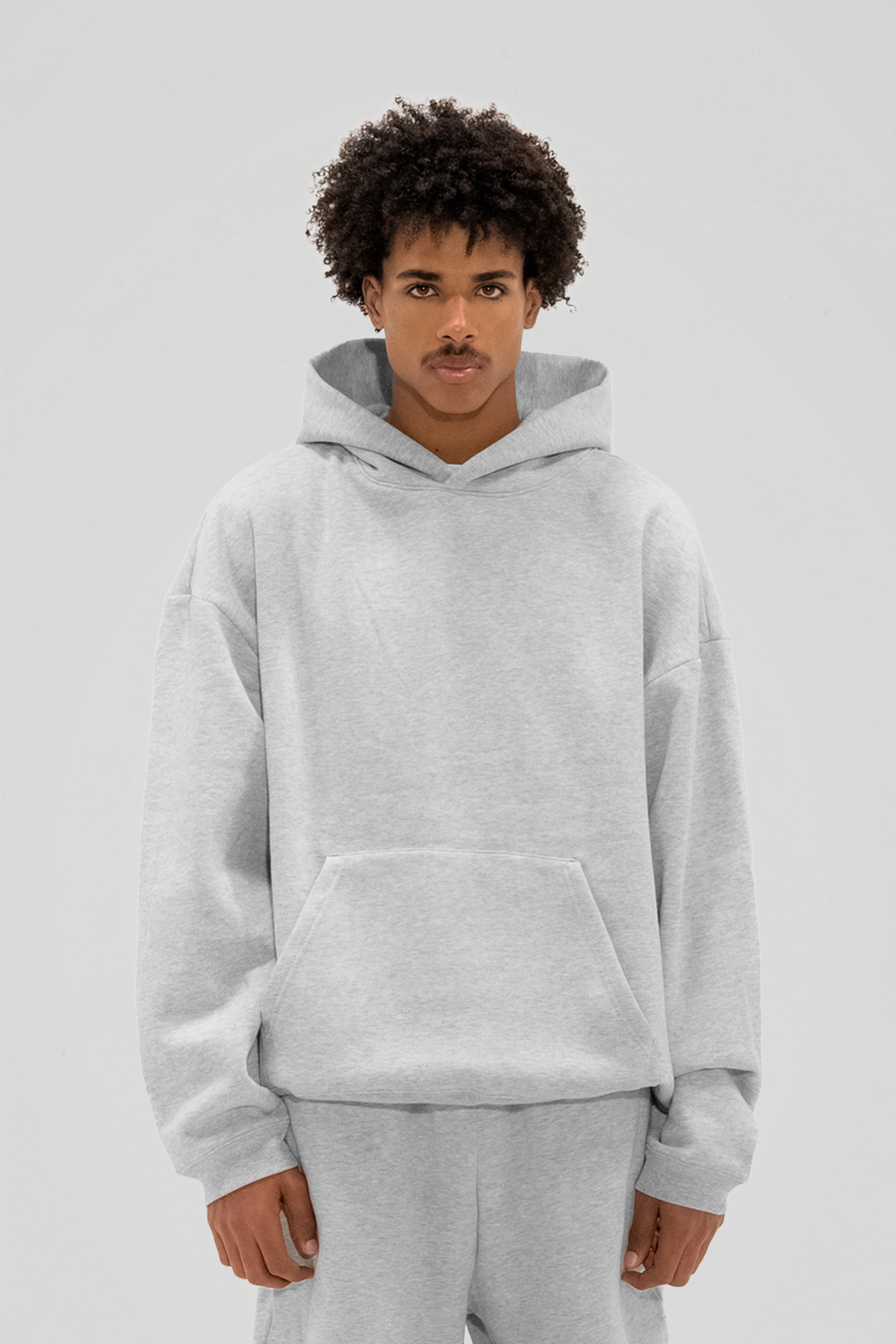 Gray fleece hoodie with hood and kangaroo pocket