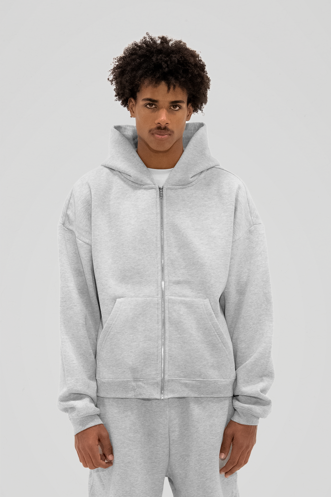 Men's grey zip-up hoodie with hood, long sleeves and front kangaroo pocket