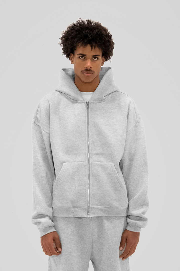 Men's grey zip-up hoodie with hood, long sleeves and front kangaroo pocket