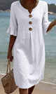 Women's Linen Blend Shift Dress, Buttoned V-Neck, Ruffle Cuffs