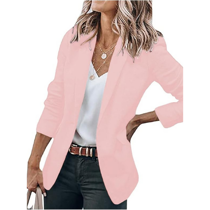 Women's open-front blazer with notched lapels and long sleeves