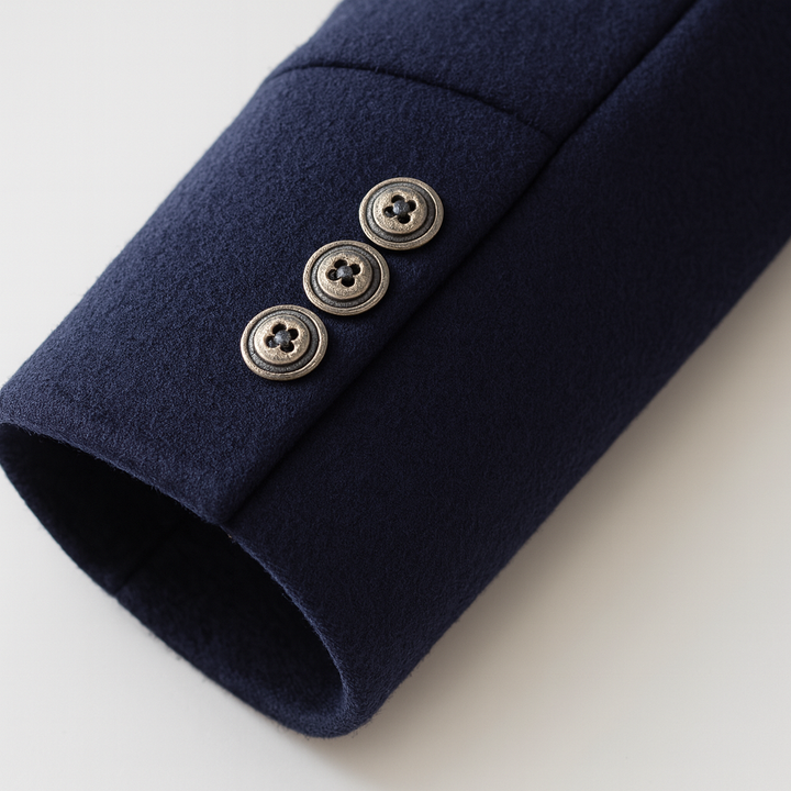 Men's textured button-front overcoat with Mandarin collar and contrast trim