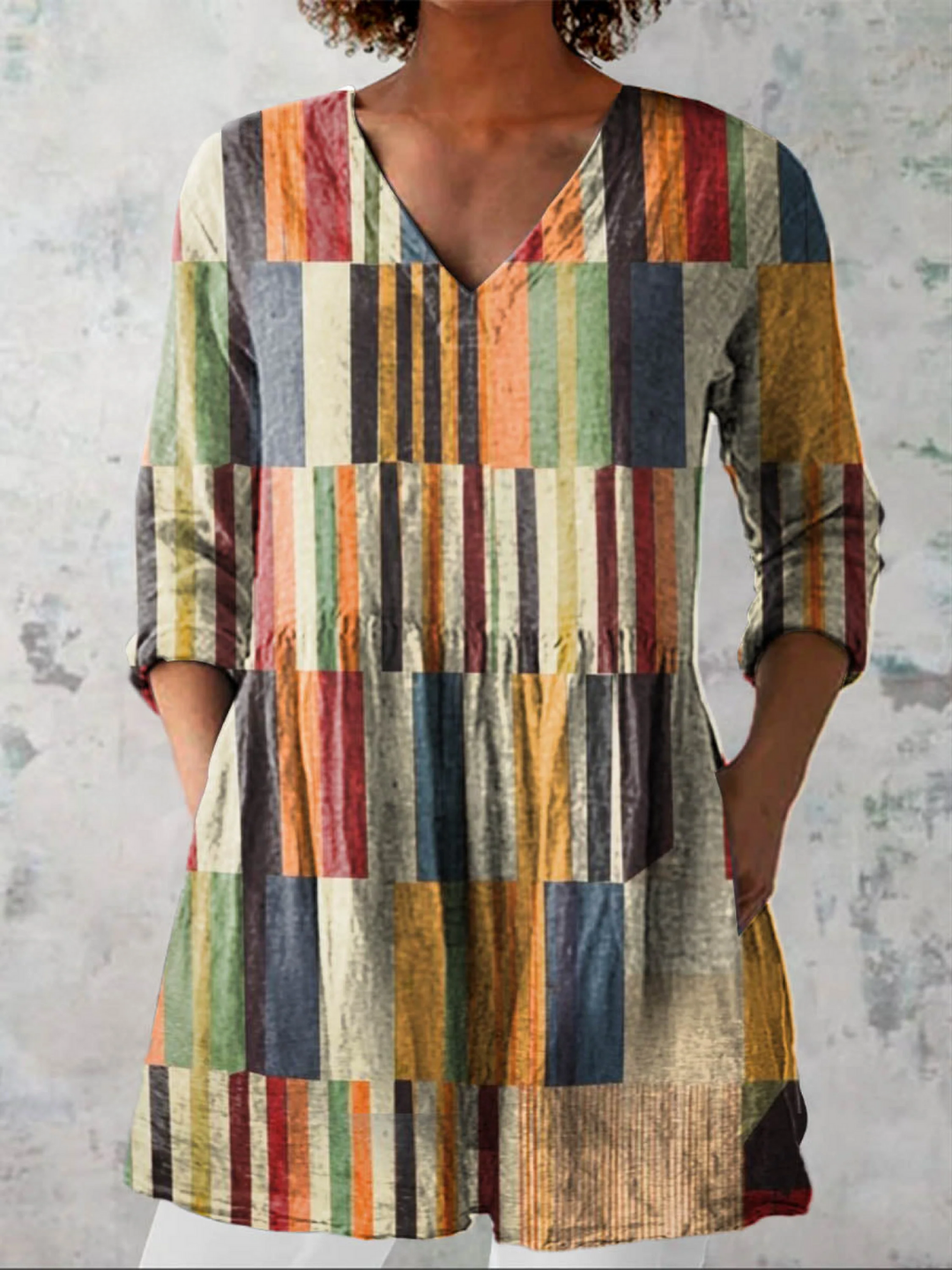 Women's long blouse with V-neck and patchwork stripe pattern in multicolour, three-quarter sleeves