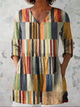 Women's long blouse with V-neck and patchwork stripe pattern in multicolour, three-quarter sleeves