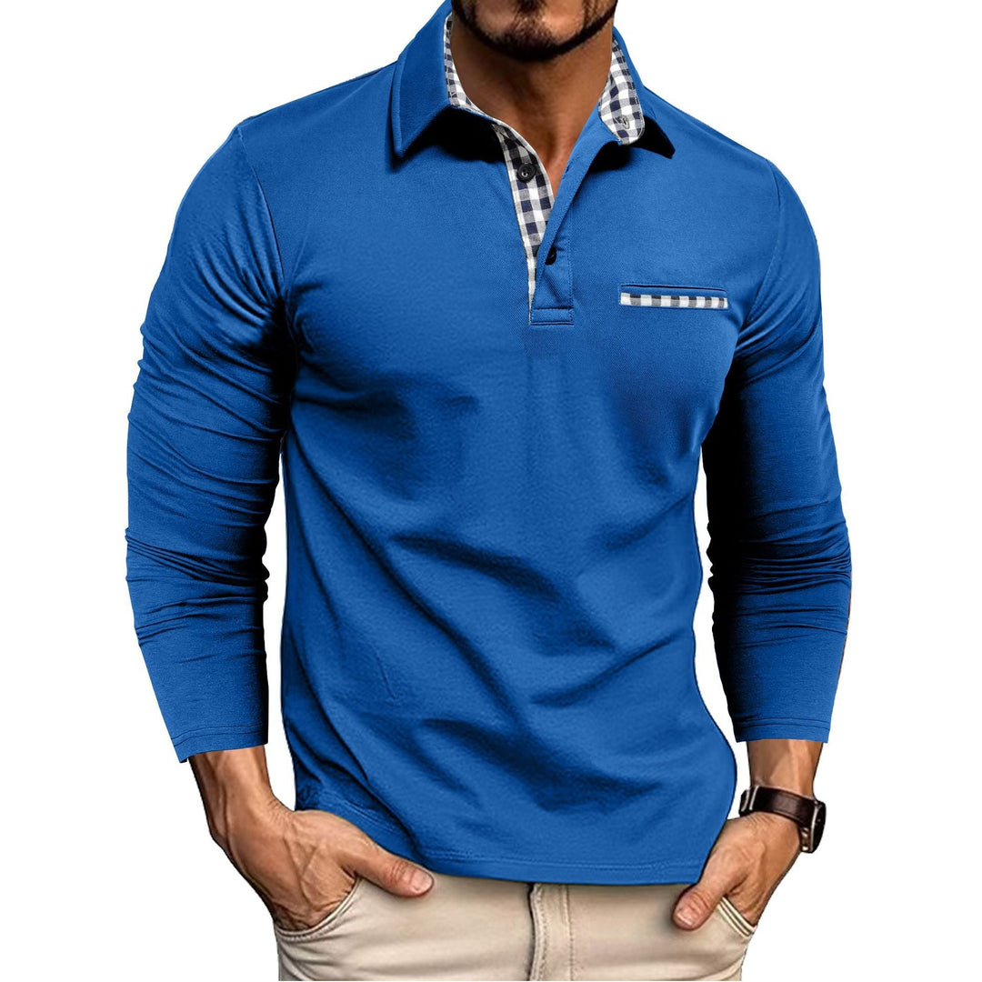 Long sleeve polo shirt with checked contrast collar and chest trim
