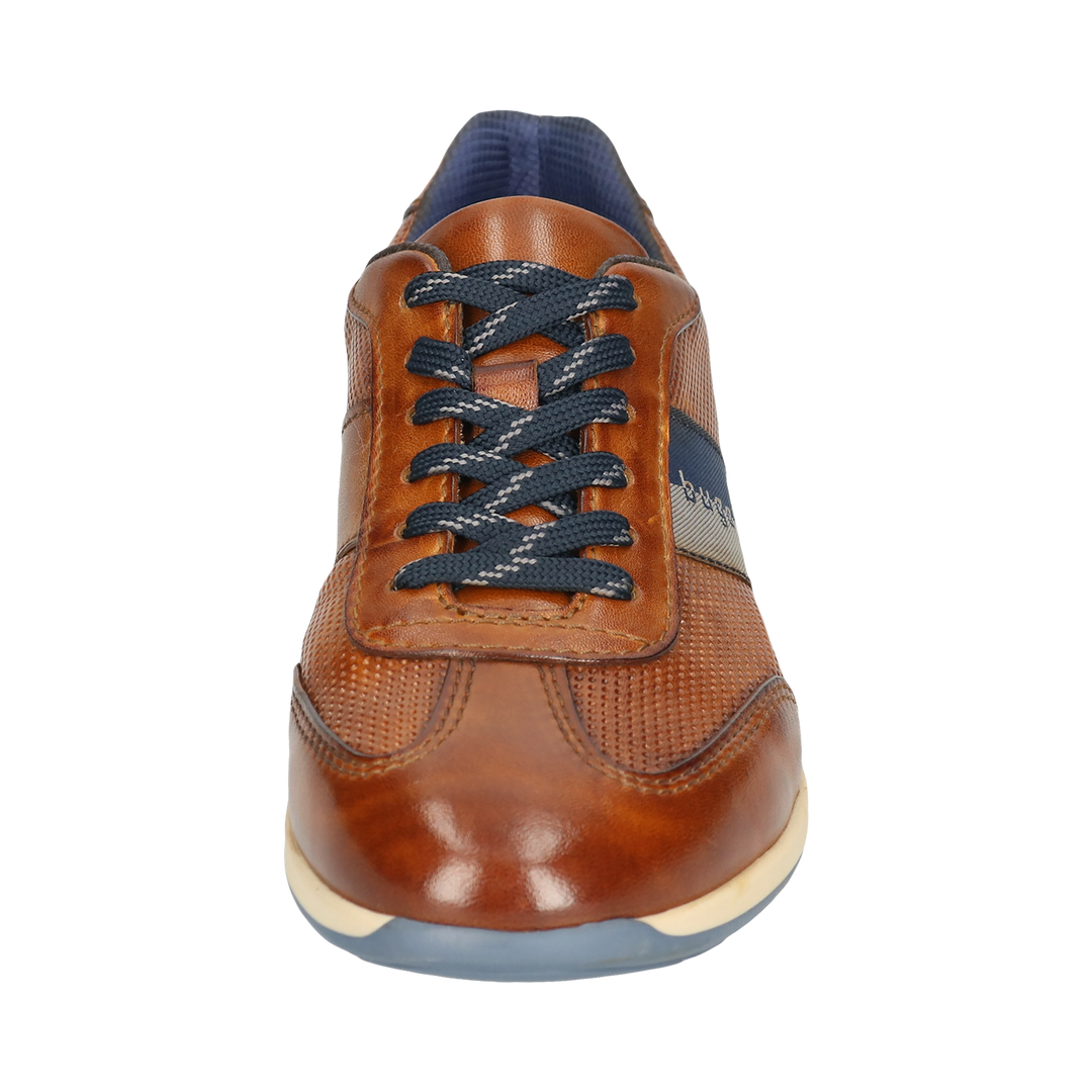 Cognac leather lace-up sneaker with textured panels and navy side stripe