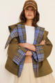 Women's olive utility jacket with blue plaid panels and long sleeves