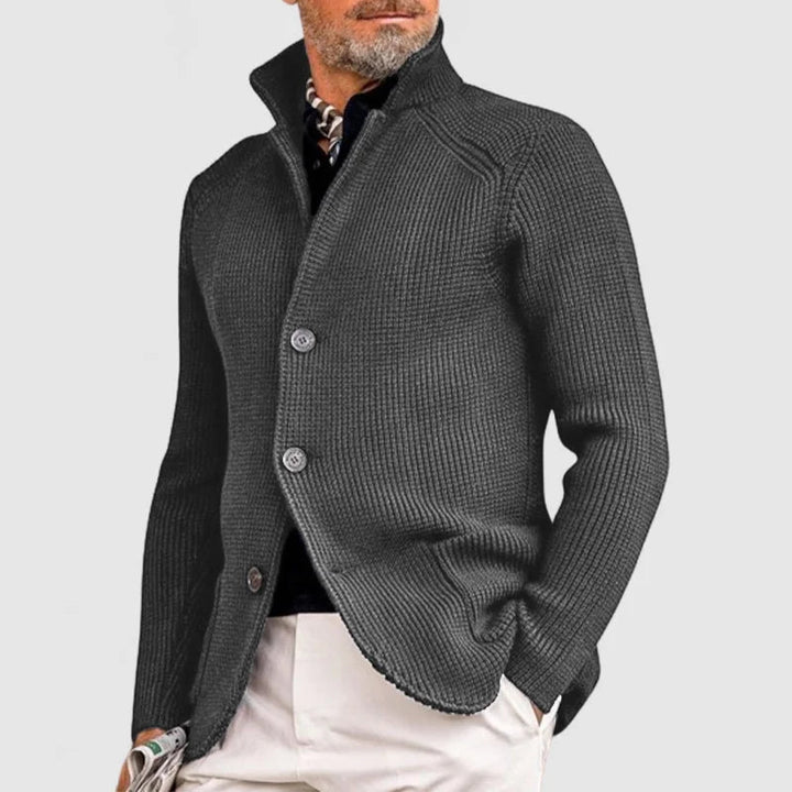 Men's textured knit cardigan with stand collar, button front and patch pockets