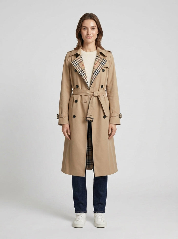 Women's long belted trench coat with notched lapels and cuff straps