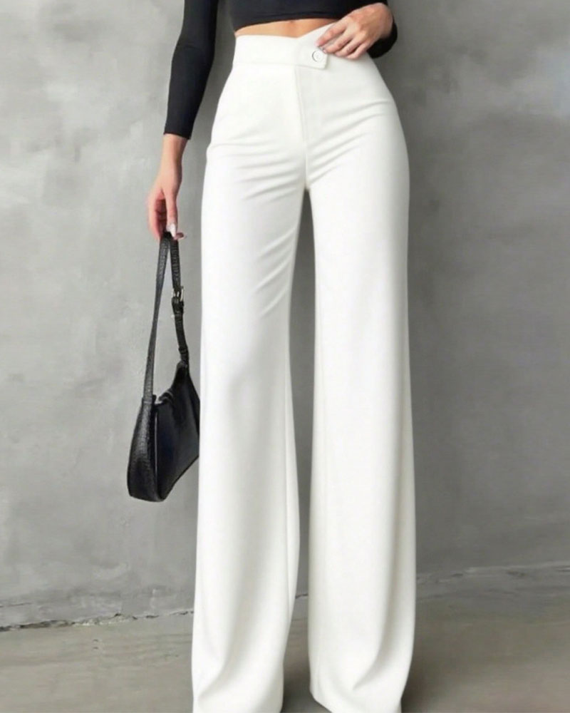 Women's high-waisted wide-leg suit pants with a button waist