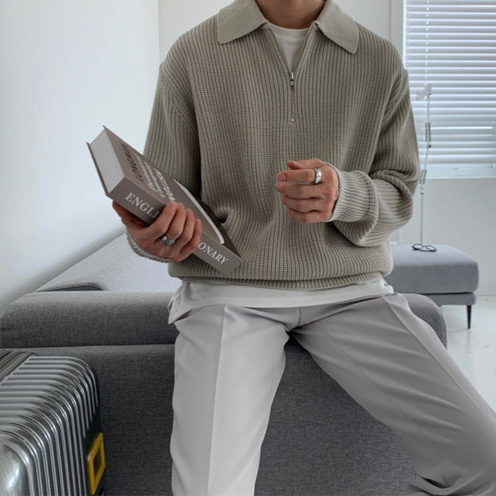 Men's textured quarter-zip collared sweater with long sleeves and ribbed trims