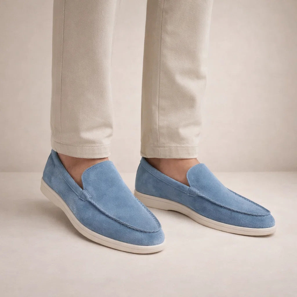 Men's casual slip-on loafers with moc toe stitching and flat white soles