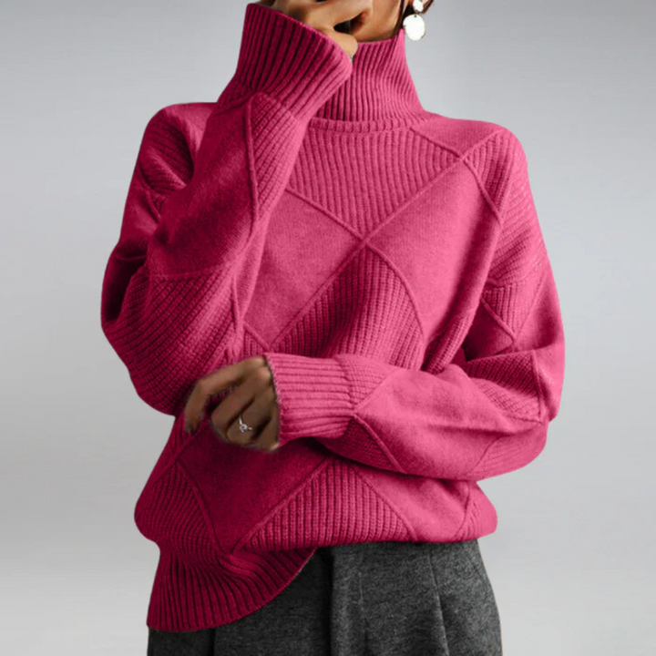 Women's geometric turtleneck sweater with ribbed panels and long sleeves
